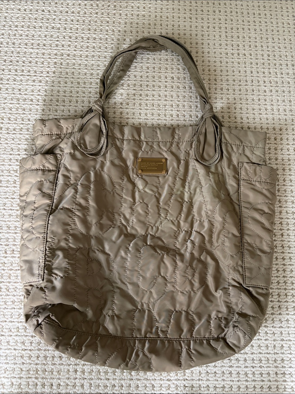 Marc Jacobs Taupe Quilted Tote Bag with Gold Plaque